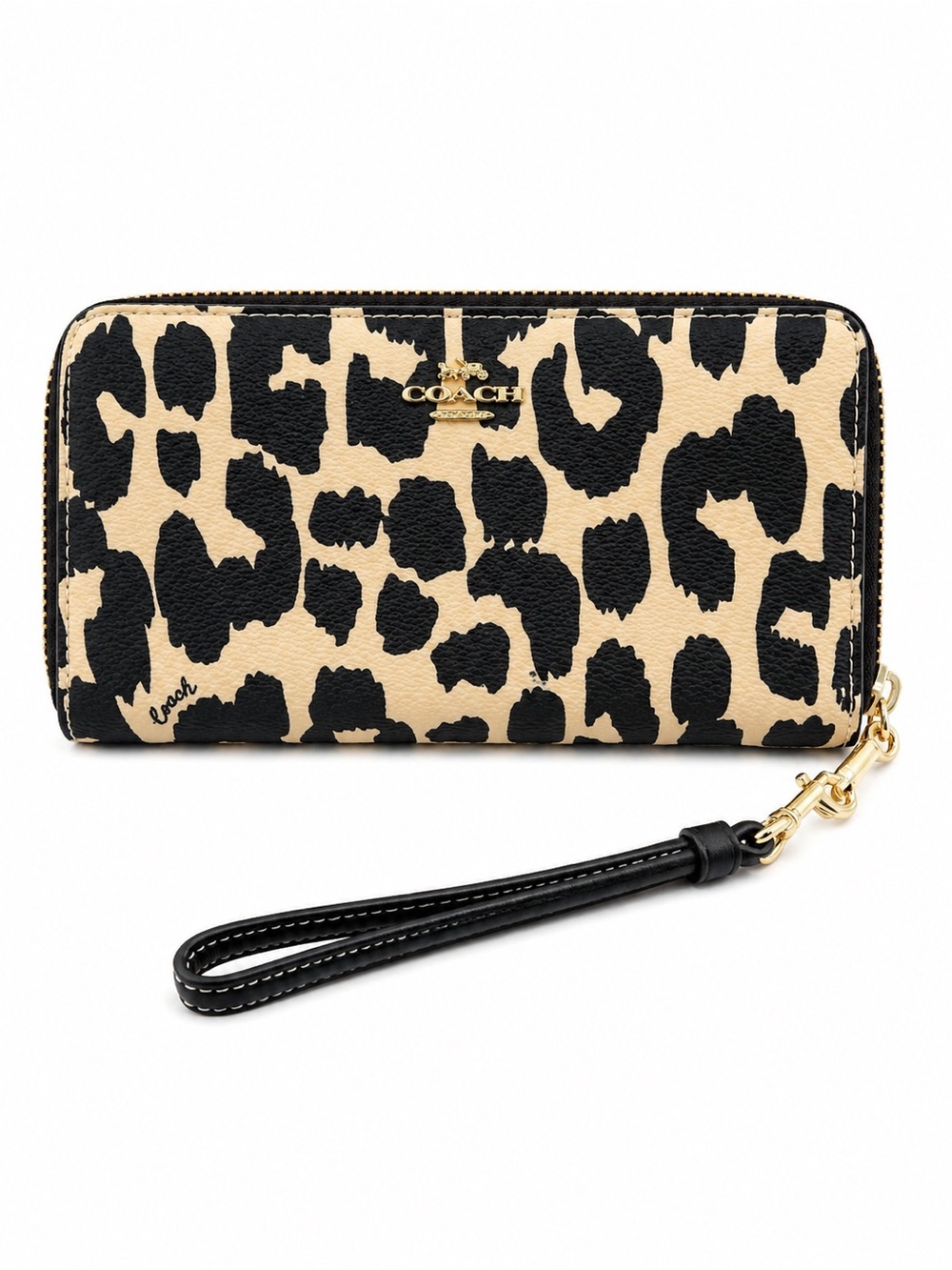 Coach Leopard Print Long Zip Around Wallet Wristlet CW477 Gold/Black